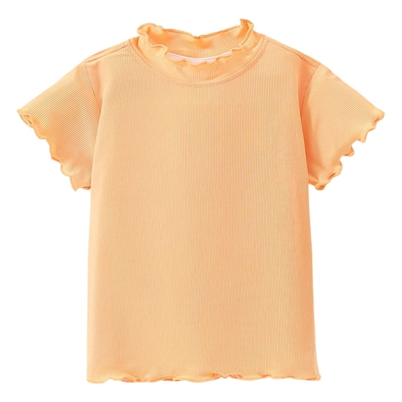 JAJAHO Girls Short Sleeve T Shirts For Kids Lettuce Trim Summer Top Crew High Neck Lightweight Solid Color Ribbed Basic Tee Ages 1-10 Years Soft Tops