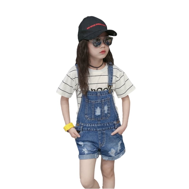 KIDSCOOL SPACE Salopette Courte en Jean Déchiré pour Bébé Fille, Vêtements de Travail, 10-11 Ans