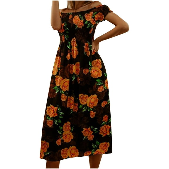 USSUMA Pleated Floral Print Beach Dresses for Women Casual Summer Off Shoulder Short Sleeve Plus Maxi Sundresses Women Flowy Swing Long Boho Vacation Sun Dress Wedding Guest