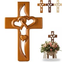 Hand-Carved Intertwined Hearts Wooden Cross, Handmade Wood with Intertwined Hearts, Hanging Hand Carved Marriage Cross for Wall Decoration (Natural)