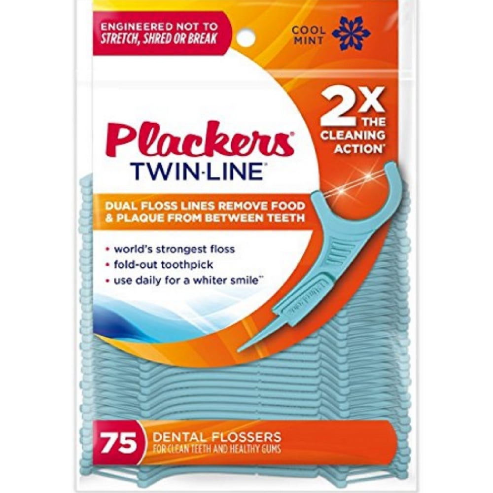 PLACKERS TwinLine Dental Flossers, Cool Mint 75 each (Pack of 3