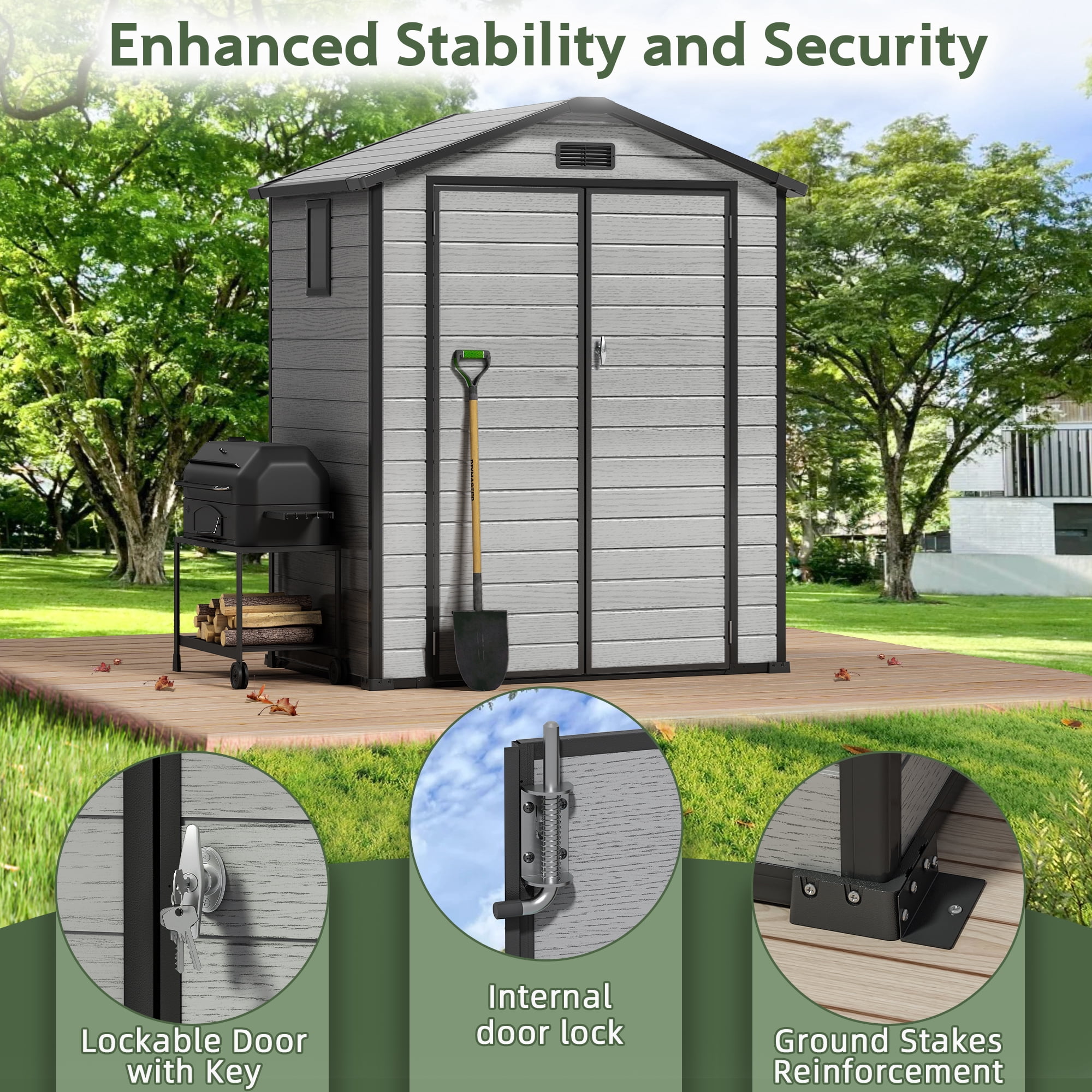 Sylviera 6x4FT Resin Outdoor Storage Shed with Floor, All-Weather Waterproof Plastic Garden Shed for Backyard, Heavy-Duty Storage Shed for Tools, Bikes & Lawn Equipment