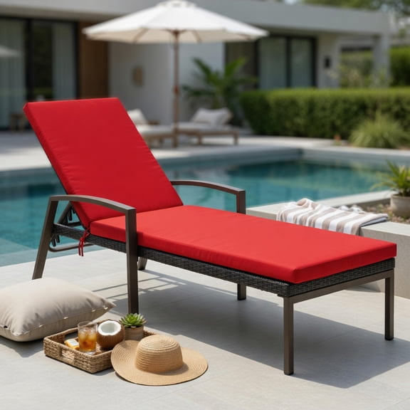 Hommoo Outdoor Rattan Chaise Lounge Chair with 5-Position Adjustable Backrest, Cushioned Patio Recliner, Weather-Resistant Steel Frame, Red
