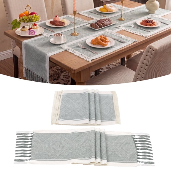 MeyJey Table Runner and Placemats Set of 4, Washable Fabric Rectangle Dining Table Mats with Tassels for Dining Tables, Kitchen, Green