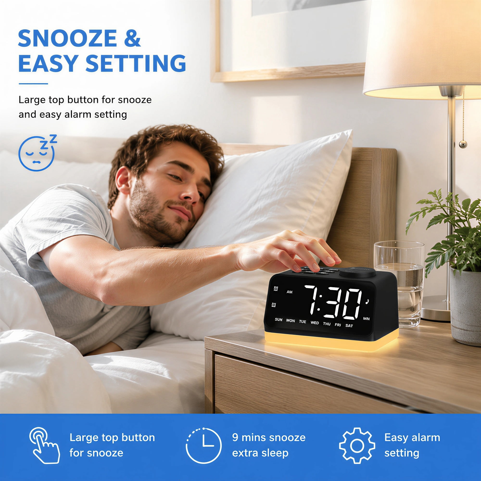Digital Alarm Clock with FM Radio for Bedroom, 8 Colors Night Light with 2 Charging Port, Sleep Sound Machines with Timer, Dual Alarm, Loud Alarm and Easy to Use for Seniors and Kids