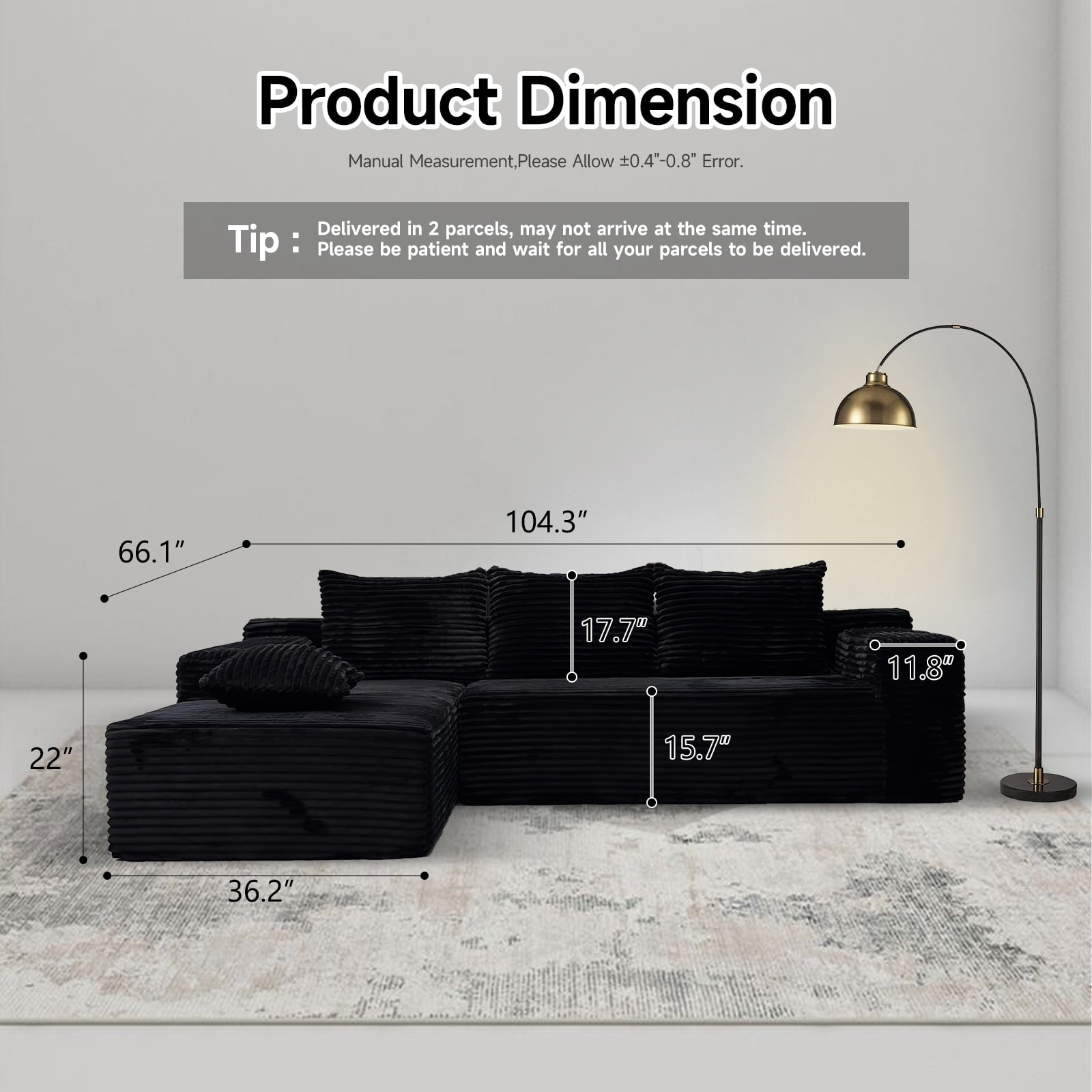 Kelyda 104'' Modular L-Shaped Sectional Sofa, Modern Memory Foam Deep Seat Corduroy Boneless Cloud Couch Black