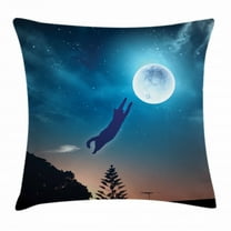 Cat Throw Pillow Cushion Cover, Cat Jumping in the Air Catching the Moon at Night Sky with Stars Fantasy Artwork, Decorative Square Accent Pillow Case, 20 X 20 Inches, Blue Magenta, by Ambesonne