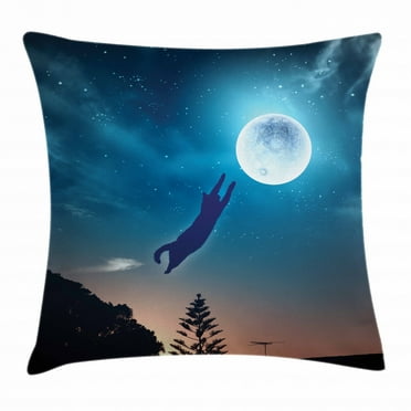 Cat Throw Pillow Cushion Cover, Cat Jumping in the Air Catching the Moon at Night Sky with Stars Fantasy Artwork, Decorative Square Accent Pillow Case, 20 X 20 Inches, Blue Magenta, by Ambesonne