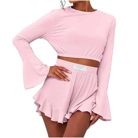 2 Piece Casual Outfits for Women Trendy Loose Knit Lounge Set Bell Long Sleeve Crop T Shirt Ruffle Hem Shorts Sleepwear, Pink, L