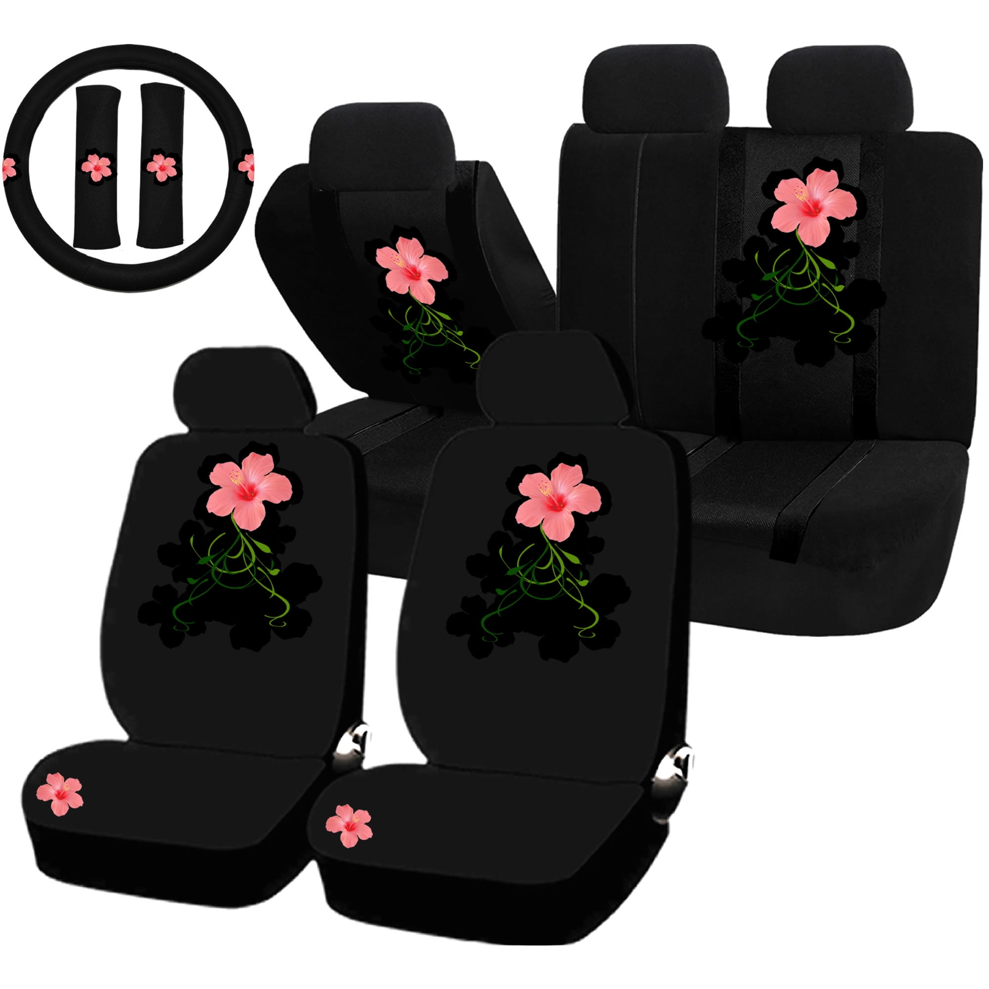 22PC Whimsical Pink Flower Seat Covers Split Bench & Steering Wheel Set