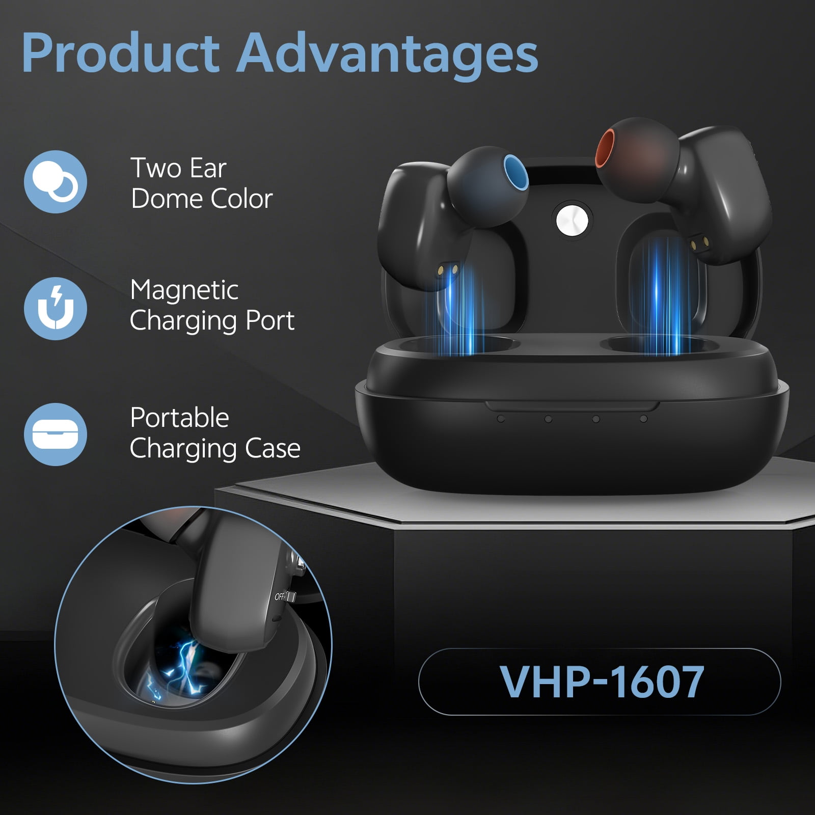 Delmicure Hearing Aids for Seniors Rechargeable with Noise Cancelling, Invisible, VHP-1607, Pair, Black
