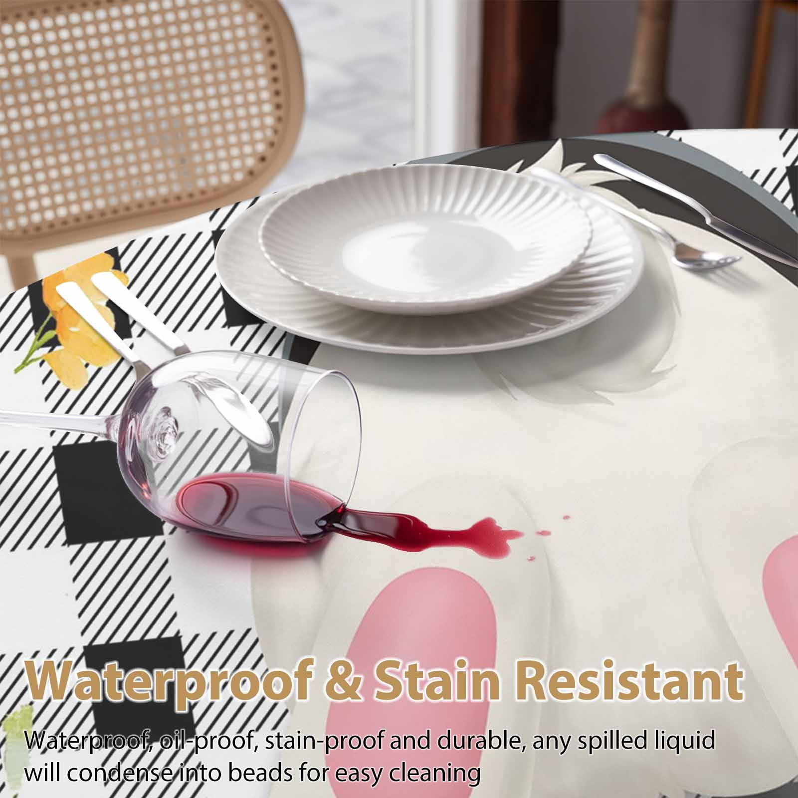 Round Tablecloth Easter Bunny Tail Waterproof Oil Proof Polyester Table Cloth Cover Decor for Home Dining Outdoor,Patio,Parties, 54" Dia. Color Eggs Spring Flowers Black White Plaid