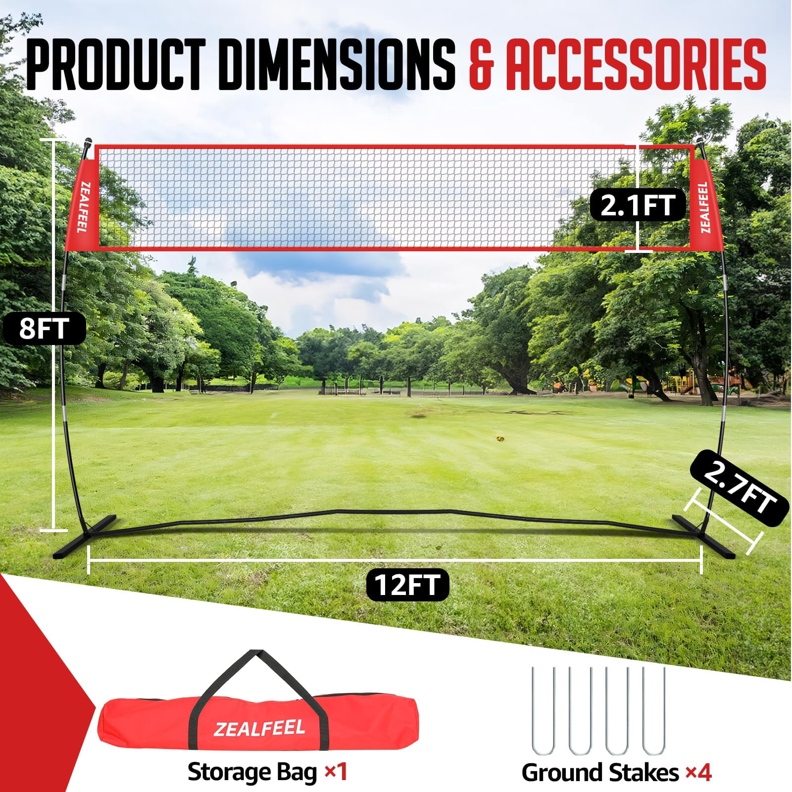 Zealfeel Adjustable Portable 12ft Volleyball Training Net with Carry Bag for Outdoor Practice