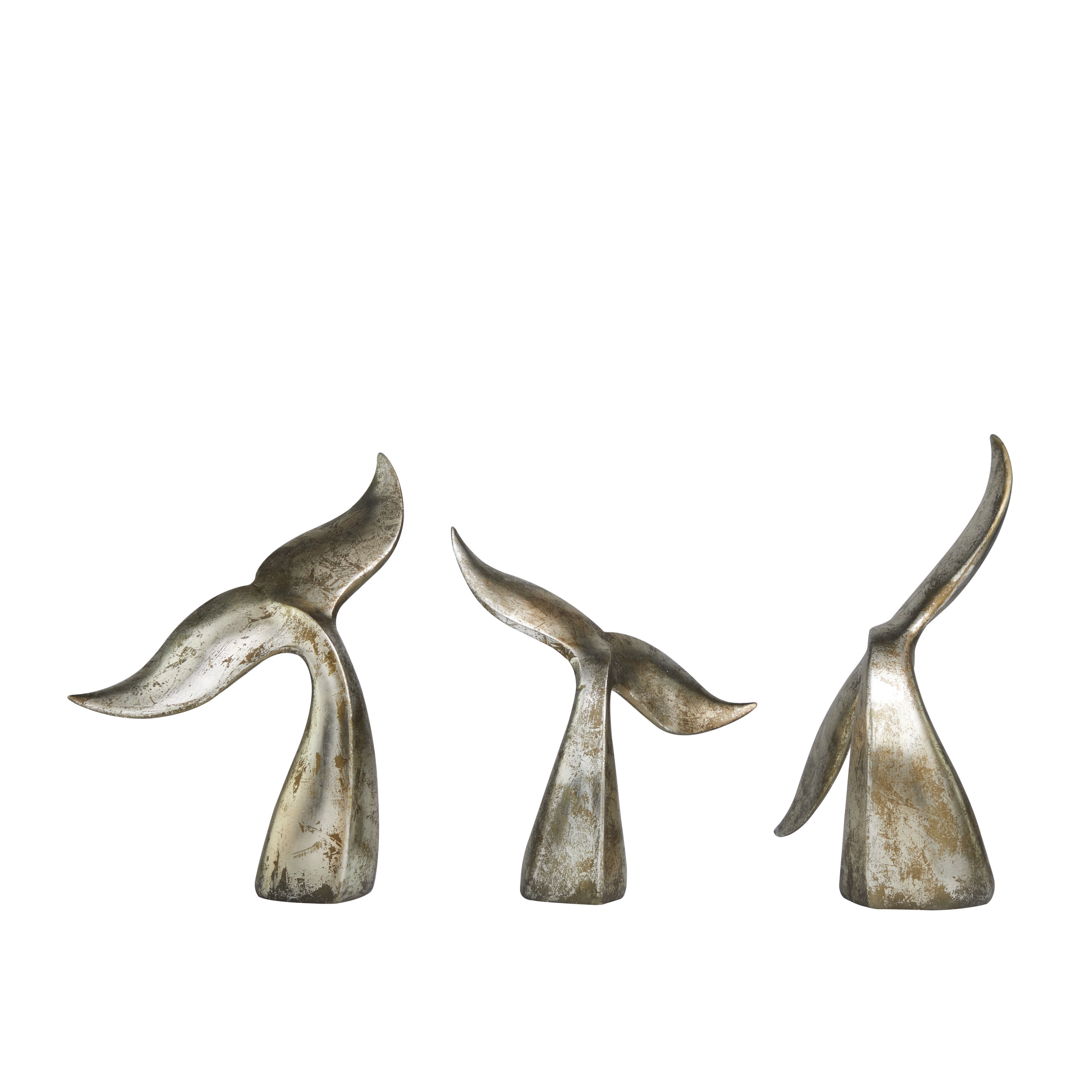 12, 9, 11"H Silver Polystone Whale Sculpture with Various Sized Tails and Copper Distressing, by DecMode (3 Count)
