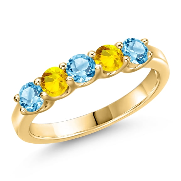 Gem Stone King 10K Yellow Gold Swiss Blue Topaz and Yellow Sapphire Wedding-Bands Ring for Women | 0.92 Cttw | Round 3.5MM | Gemstone November Birthstone | Size 7