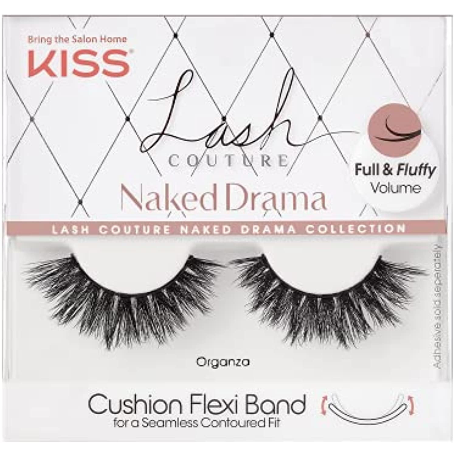 Kiss Lash Couture Naked Drama Collection, Full & Fluffy Volume 3D Faux Mink False Eyelashes, Cushion Flexi Band & Split-Tip Technology, Tapered, Reusable And Contact Lens Friendly, Style Organza