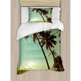 thumbnail image 3 of Palm Tree Duvet Cover Set Queen Size, Sunset Tropical Beach Dusk on Pacific Ocean Vintage Exotic Trees Landscape Print, Decorative 3 Piece Bedding Set with 2 Pillow Shams, Green Brown, by Ambesonne, 3 of 3