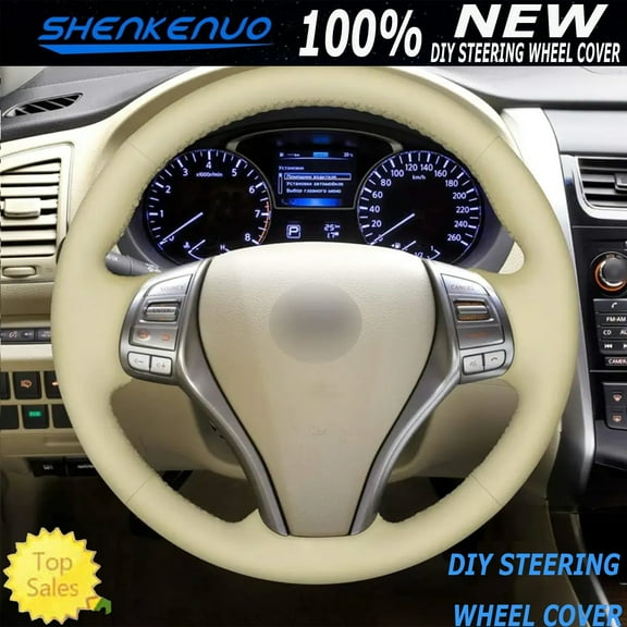 SHENKENU Beige Genuine Leather Steering Wheel Cover Wrap Sew-on 14.5"-15" Kit For Car