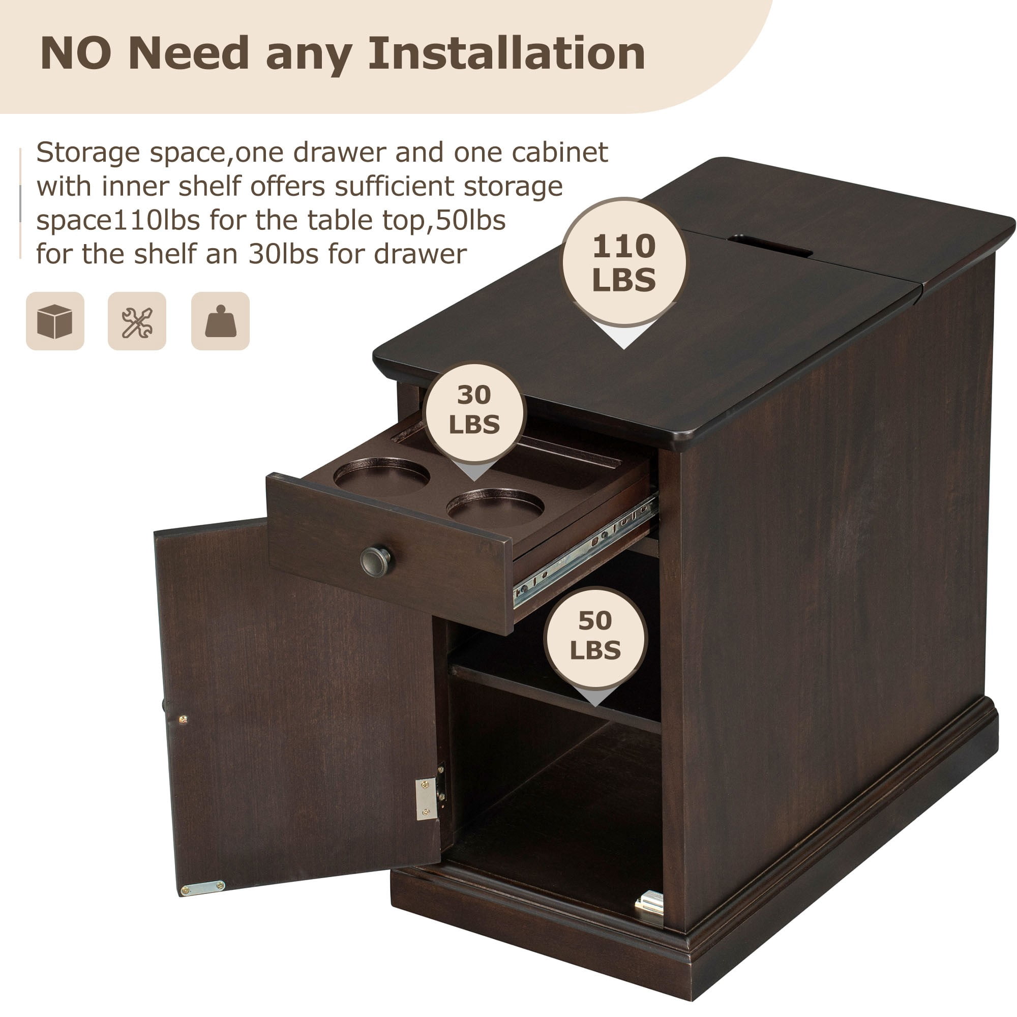 Aukfa Vintage End Table with USB Ports, Drawer, and Cup Holders - Narrow Sofa Side Table for Living Room and Bedroom - Espresso