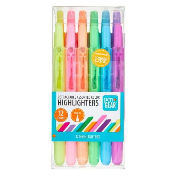 Pen+Gear Retractable Highlighters, Chisel Tip, Assorted Colors,  Multi Colored Ink,12 Count