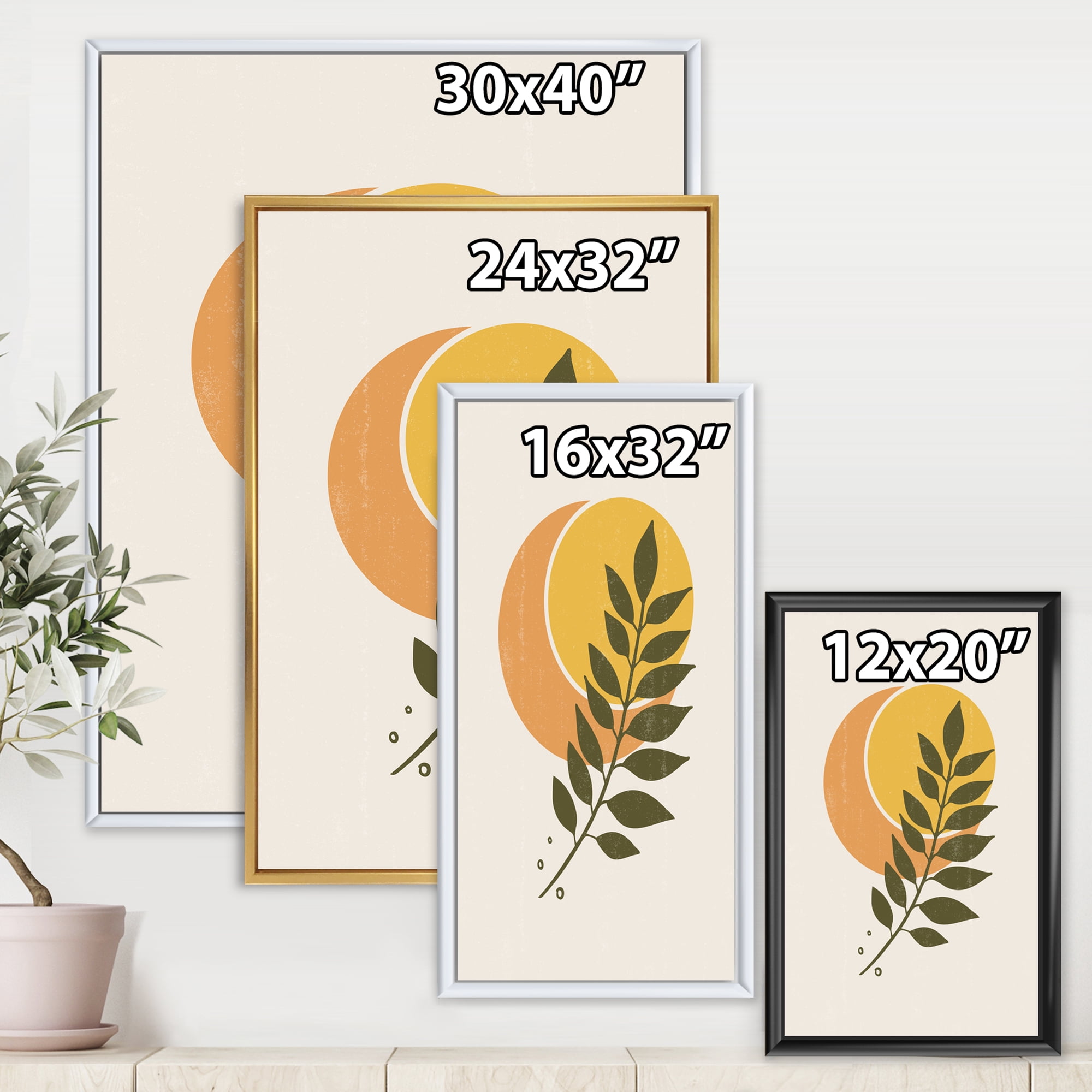 Designart 'Abstract Geometrical Moon and Sun With Leaf V' Modern Framed Canvas Wall Art Print