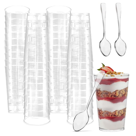 Round Shot Cups - 3 ounce -100 Count - Spoons Included-Clear Plastic-Straight Wall Shot Glasses - Mini Cup -Dessert Cup - Tasting Sample - Party Shooters - Drink Shot Tumblers-Disposable/Reusable