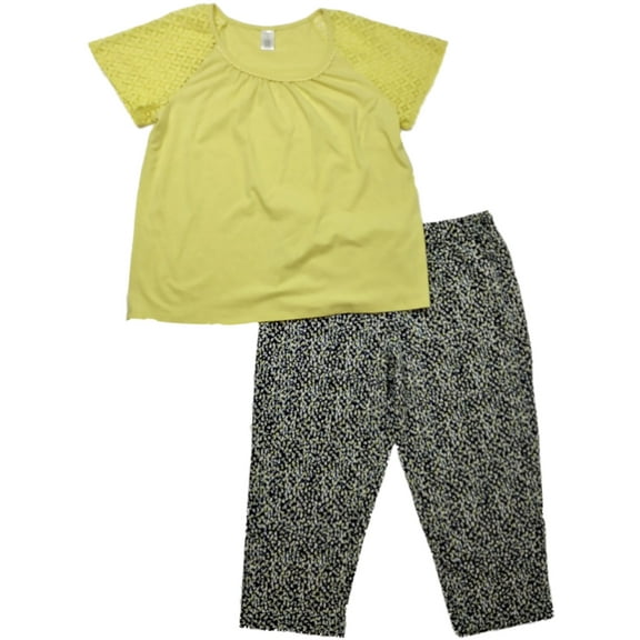 Womens Royal Blue Yellow Gray Speckle Capri Pajamas Lace Trimmed Sleep Set