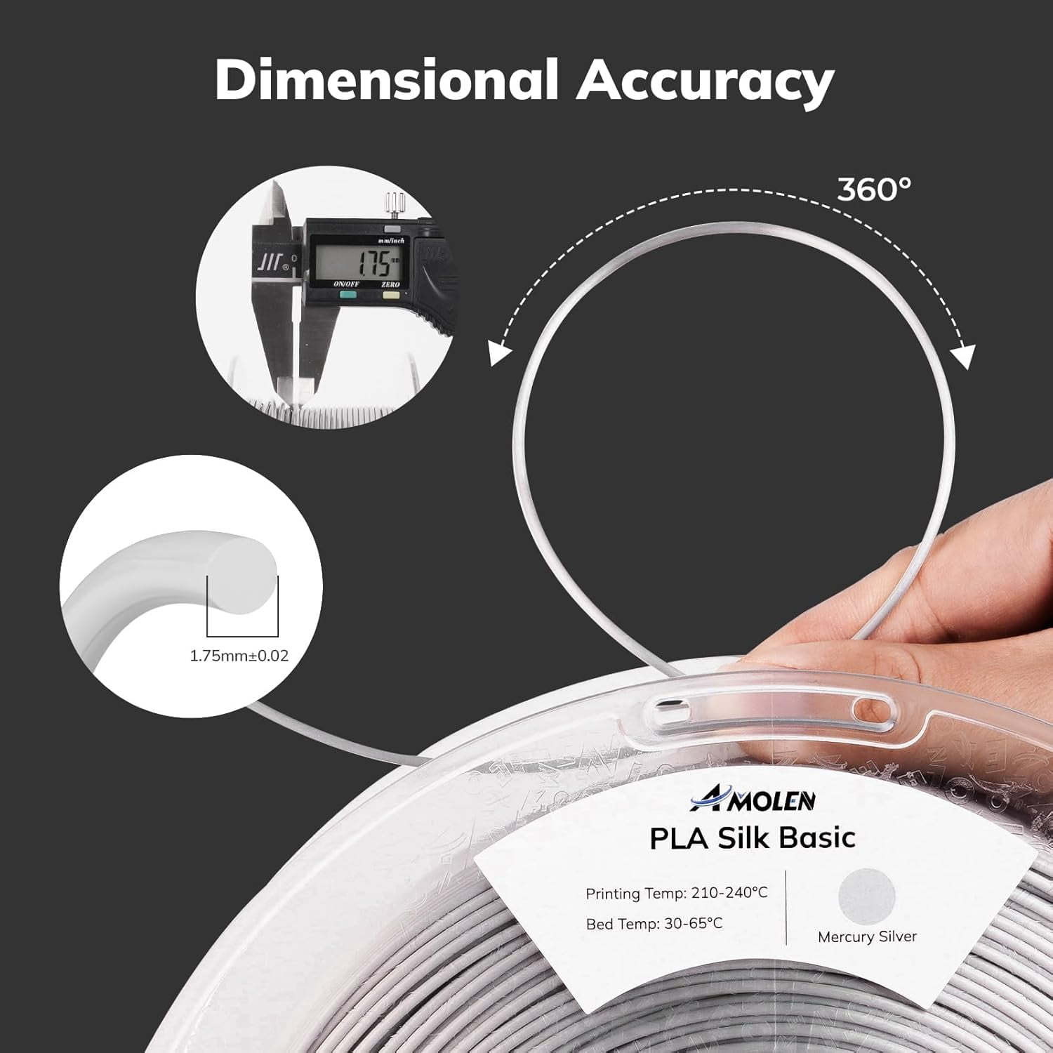 Silver Silk PLA Filament Shiny 3D Printer Filament 1.75mm +/- 0.02mm for 3D Printing 1kg(2.2lbs)/Spool Compatible with Most FDM Printer