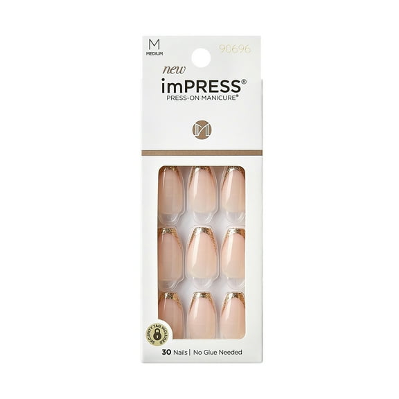 KISS imPRESS 'Playback' Press-On Nails, Gold, Medium Length, Coffin Shape, 33 Ct.