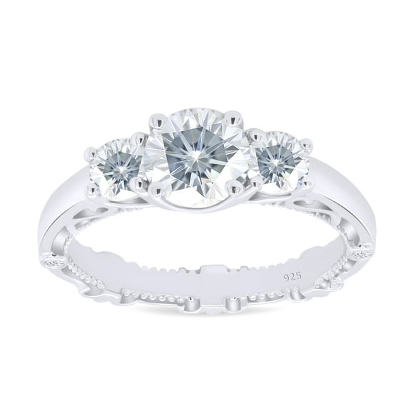 0.75 Carat Center 4mm-6.5mm-4mm Round Cut Moissanite Lab Created Diamond 3 Stone Vintage Engagement Ring Band Width 3.2mm 14K White Gold Plated Sterling Silver-4