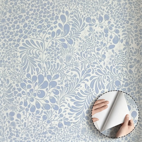 Blue Floral Botanical Wallpaper, Vintage Minimalist Aesthetic Peel and Stick Wallpaper, Waterproof Self Adhesive Wall Decoration for Bedroom, Living Room, Kitchen Cabinet, Drawer, 17.7 * 118 in