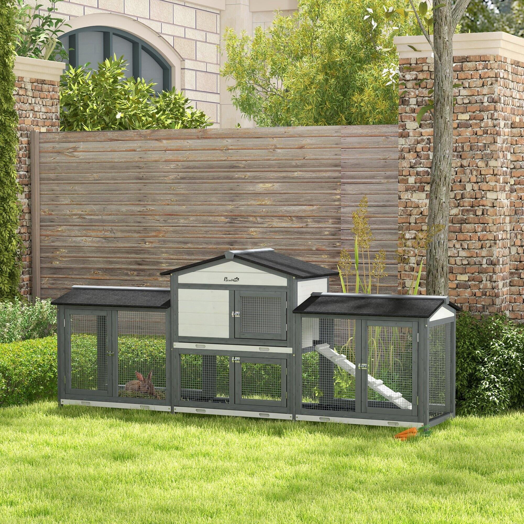 Dog Crate, PawHut 90.5" Wooden Rabbit Hutch Bunny Cage Pet Playpen House Enclosure with Double Side Run Boxes, No Leak Tray, Ramp, for Guinea Pig and Small Animals, Light Gray, Gray Pet Playpen