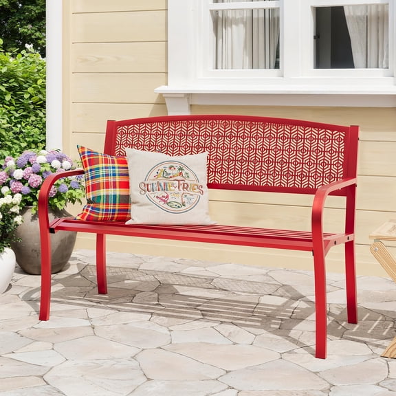 50 Inch Outdoor Metal Garden Bench, Patio Steel Seat with Curved Backrest & Decorative Pattern, Weather Resistant Leisure Bench for Yard, Park, Deck and Backyard