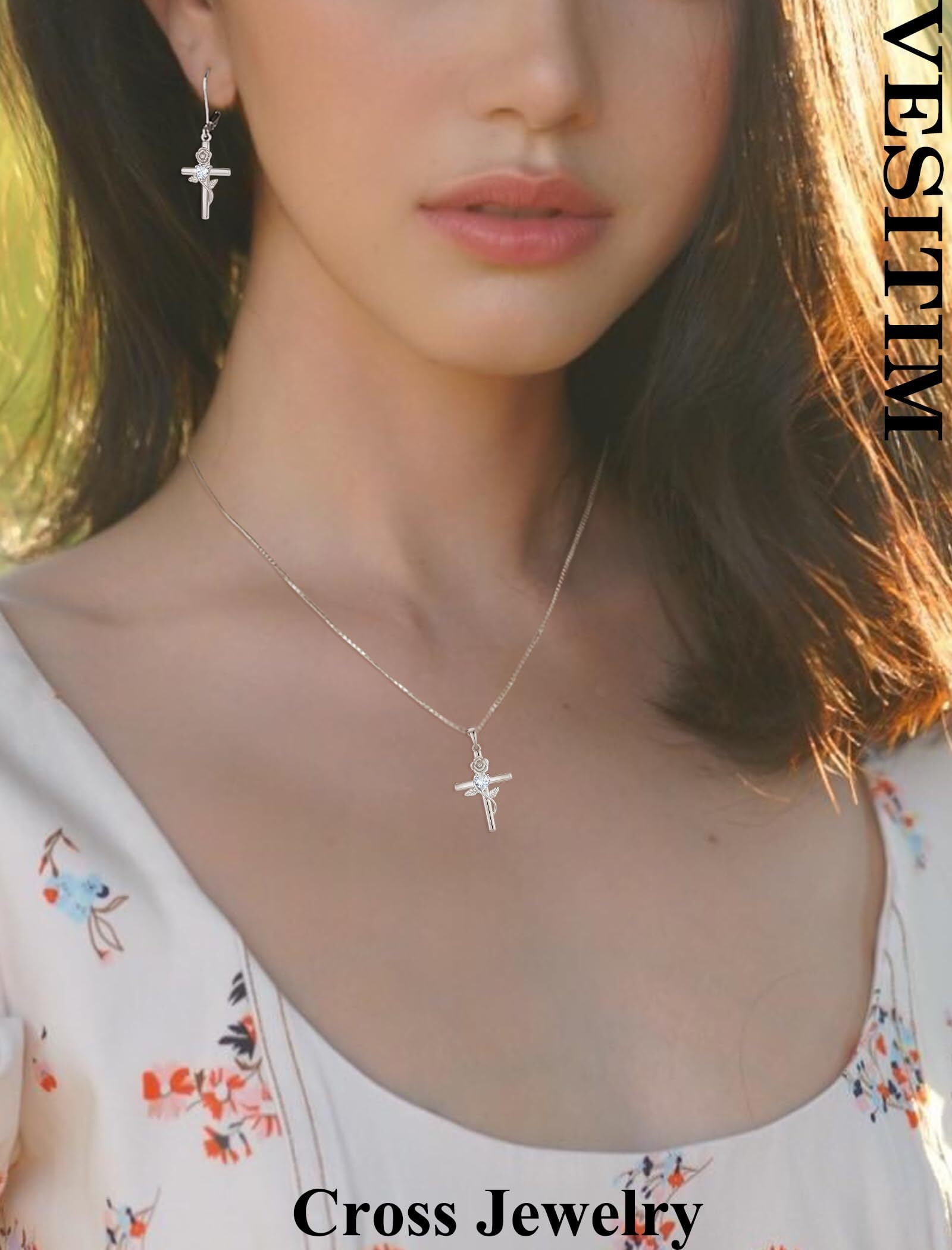 VESITIM Cross Earrings for Women Rose Flower Earring 925 Sterling Silver Dangle Drop Religious Jewelry Gift with Heart Cubic Zirconia Birthstones