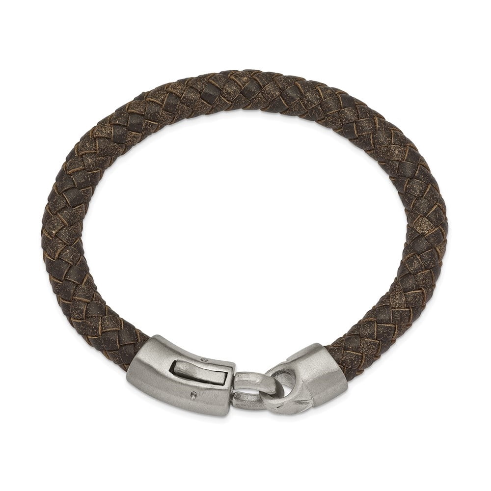 Diamond2Deal Stainless Steel Brushed Brown Braided Leather Bracelet for Men 8.25"