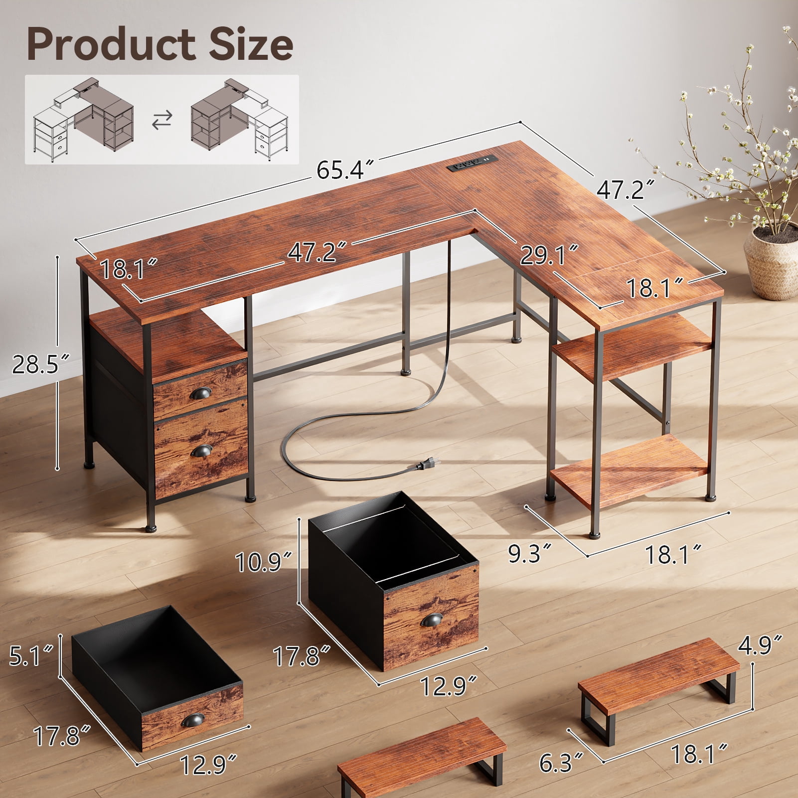 Satifur Computer Desk 66" L-Shaped, Corner Desk with Power Outlet, Reversible Gaming Desk, Rustic Brown