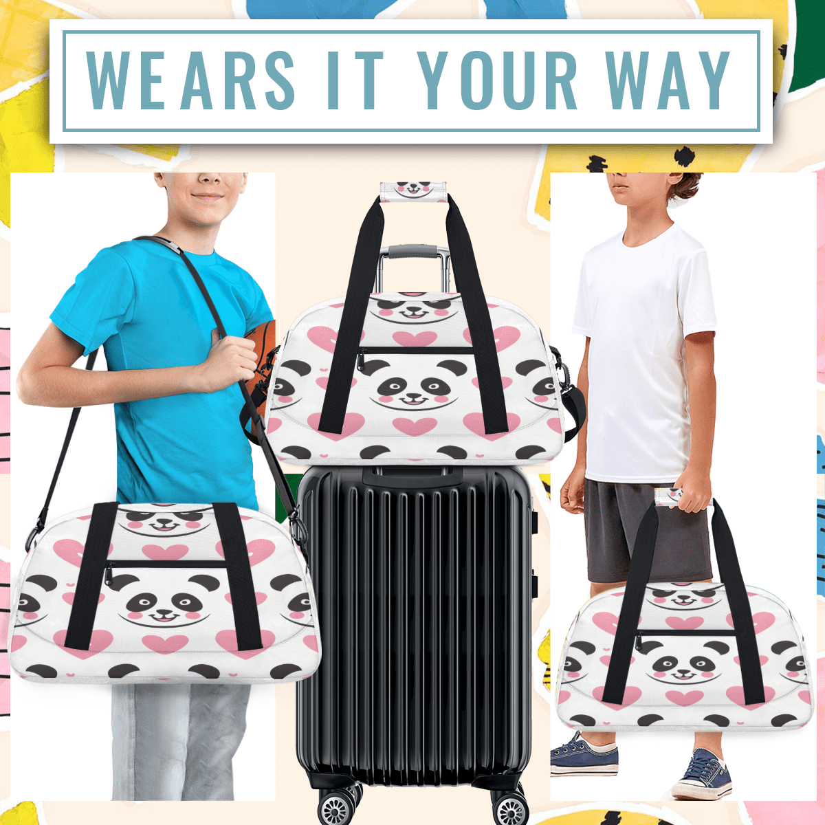 Herdesigns Cute Pandas Sports Duffle Bag for Women & Men, Pink Heart Gym Bag Dance Bag Overnight Bag Carry On Weekender Travel Bag