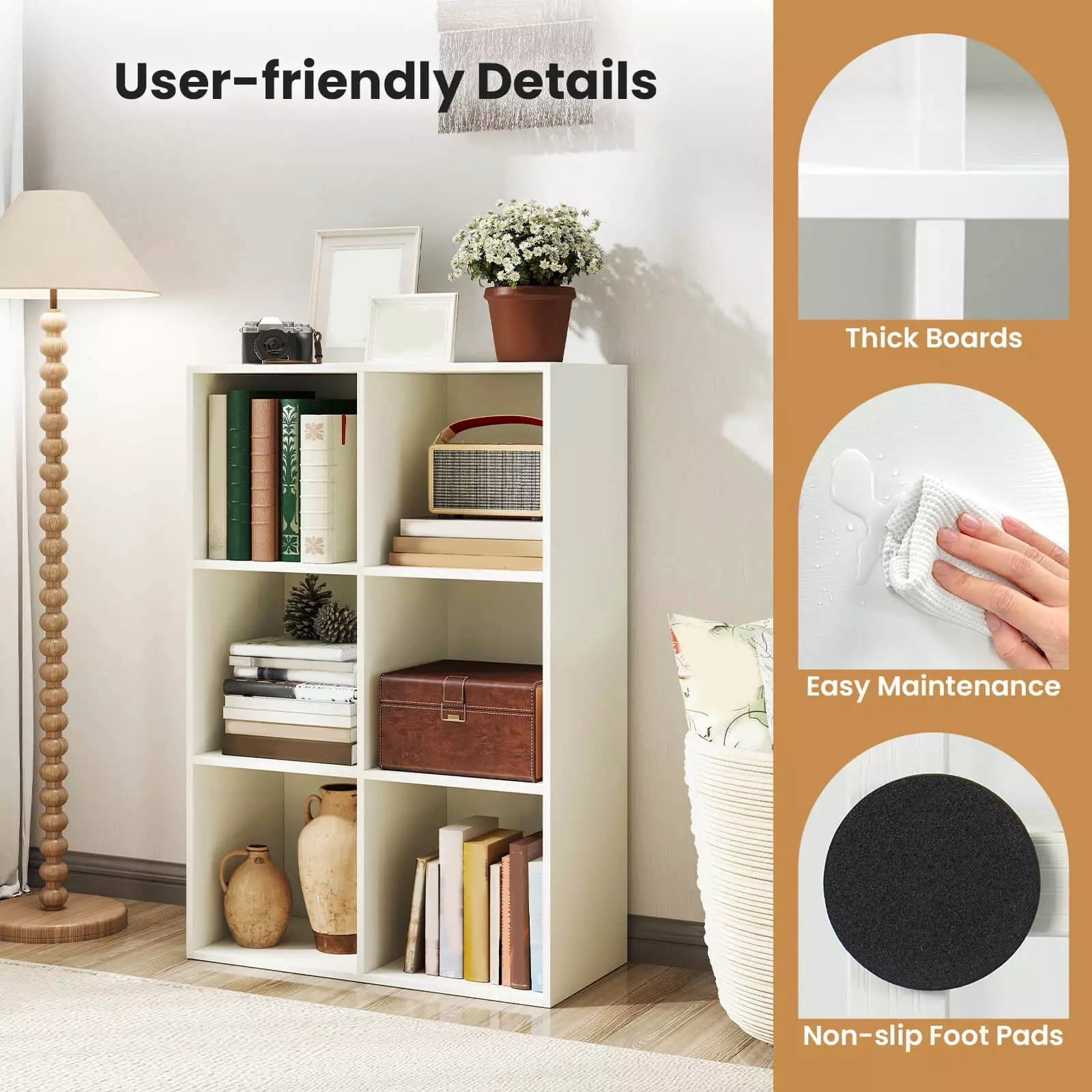 Harmijoy 6-Cube White Bookshelf, 3-Tier Wooden Storage Organizer w/ Anti-tipping Kits, Modern Freestanding Bookcase Display Shelf