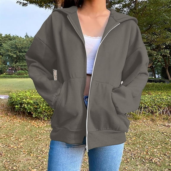 AGWOLF Long Hoodies for Women Oversized Full Zip Up Sweatshirts Casual Long Sleeve Solid Jacket Coat Fall Winter Business Tops