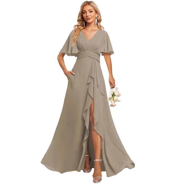 Vestido de dama de honor Deamify, cuello en V, gasa, línea A, talla grande