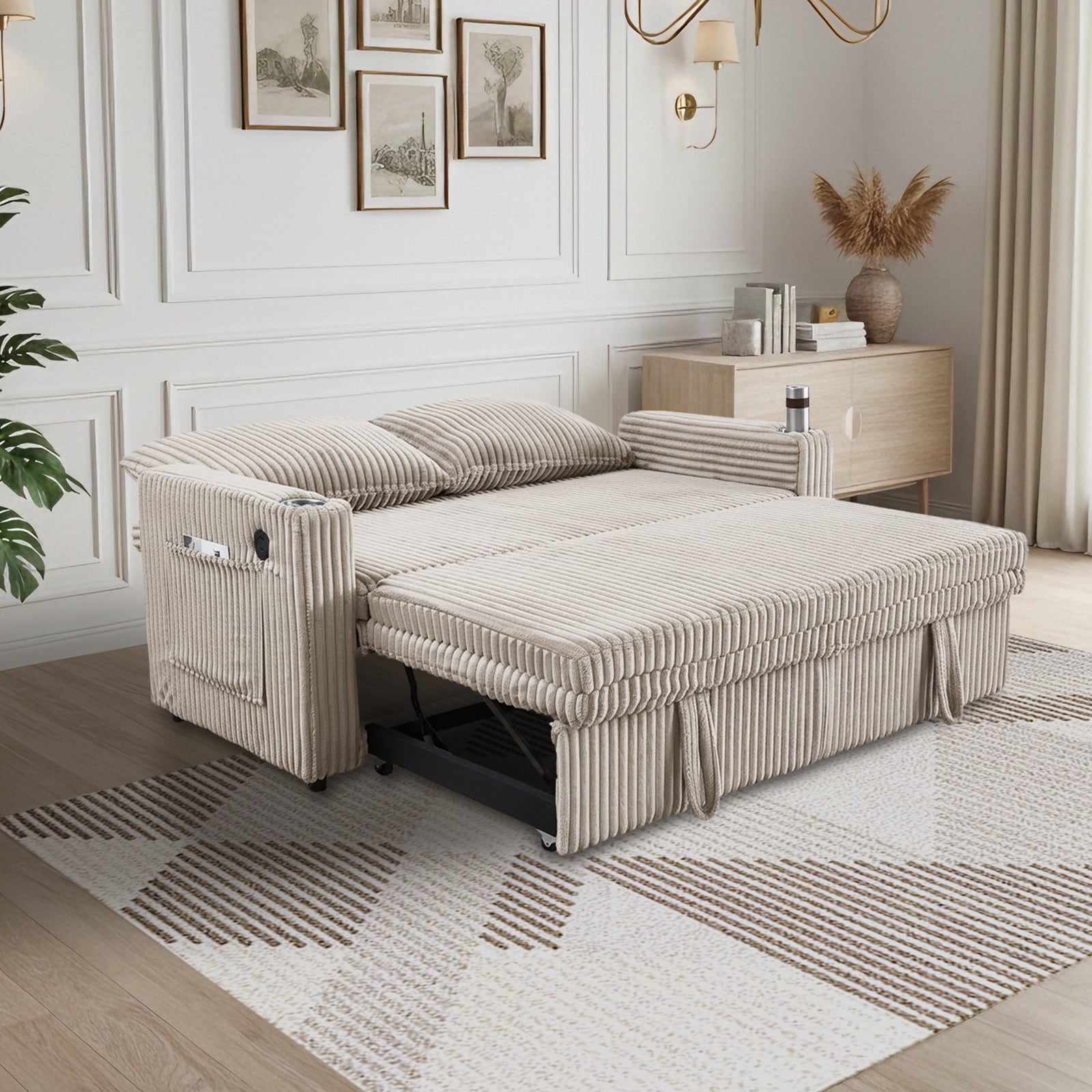 Dreamzie 3 in 1 Convertible Sofa Bed, 65” Sleeper Sofa with Pull Out Couch Bed, Corduroy Loveseat with 360° Swivel Side Table | USB Port | Adjustable Backrest for Living Room, Apartment (Light Grey)