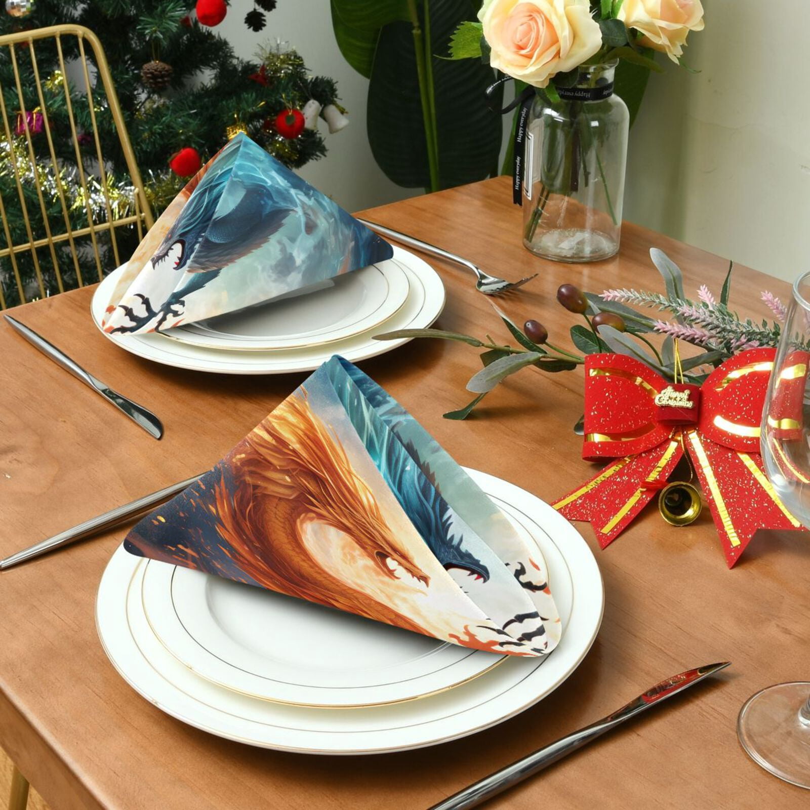 JSTEL Fire Dragon & Ice Dragon Cloth Napkins Set of 6, 20x20 Inch Washable and Reusable Napkin for Decoupage Dinner Party Everyday Use