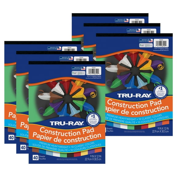 Tru-Ray Construction Paper Pad, Heavyweight, 10 Classic Colors, 9" x 12", 40 Sheets, Pack of 6
