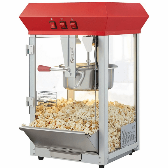 Popcorn Maker Machine, 850W Commercial Popper, 8oz Kettle, 48 Cups/Batch, Tempered Glass, 4 Scoops, Movie Theater Style
