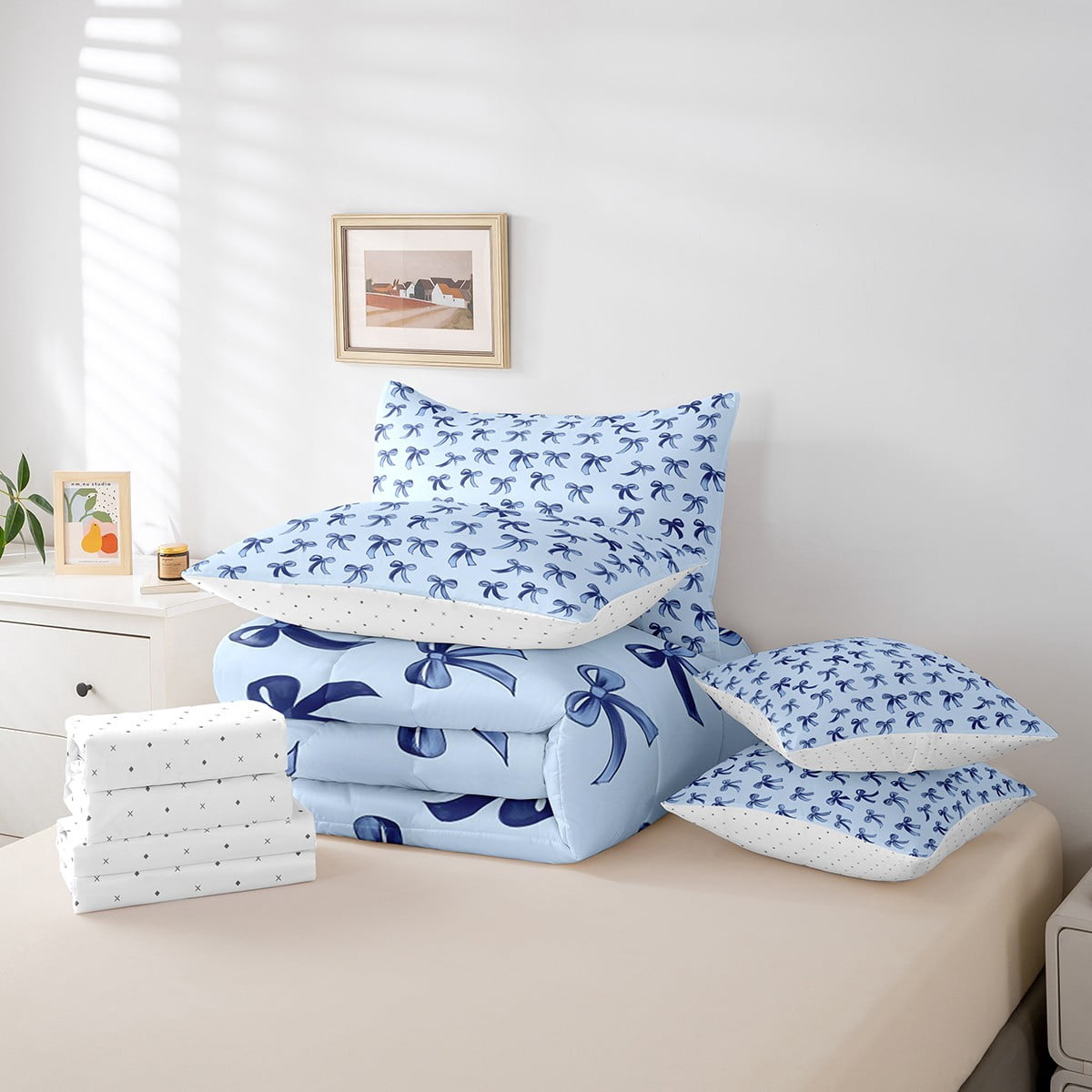 Manfei Cute Bowknot Bedding Comforter Set 7 Pieces,Girls Ribbon Bow Full Bedding Set,Dreamy Blue Fitted Sheet Flat Sheet For Girls,Super Cozy Bedroom Decor,Reversible