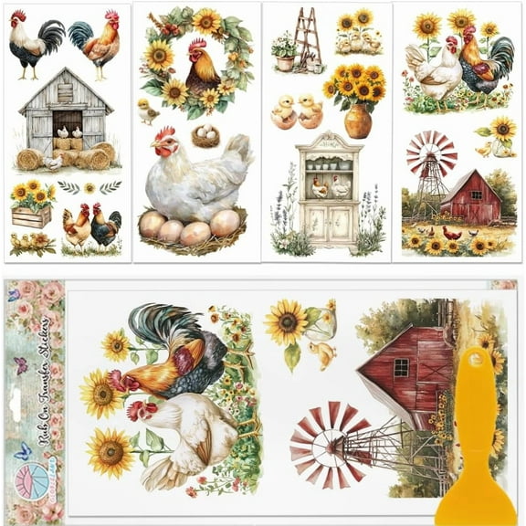 4 Sheets Farm Chicken Furniture Transfer 6x12inch Sunflowers and Animals Rub on Transfer Sticker UV Self-Adhesive Wall Art Craft for Bedroom Living Room Desk Table Decoration