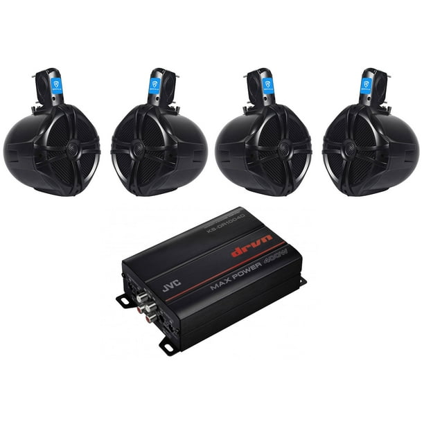 JVC KSDR1004D 4Channel Marine Amplifier+(4) Black 8" Wakeboard Tower Speakers