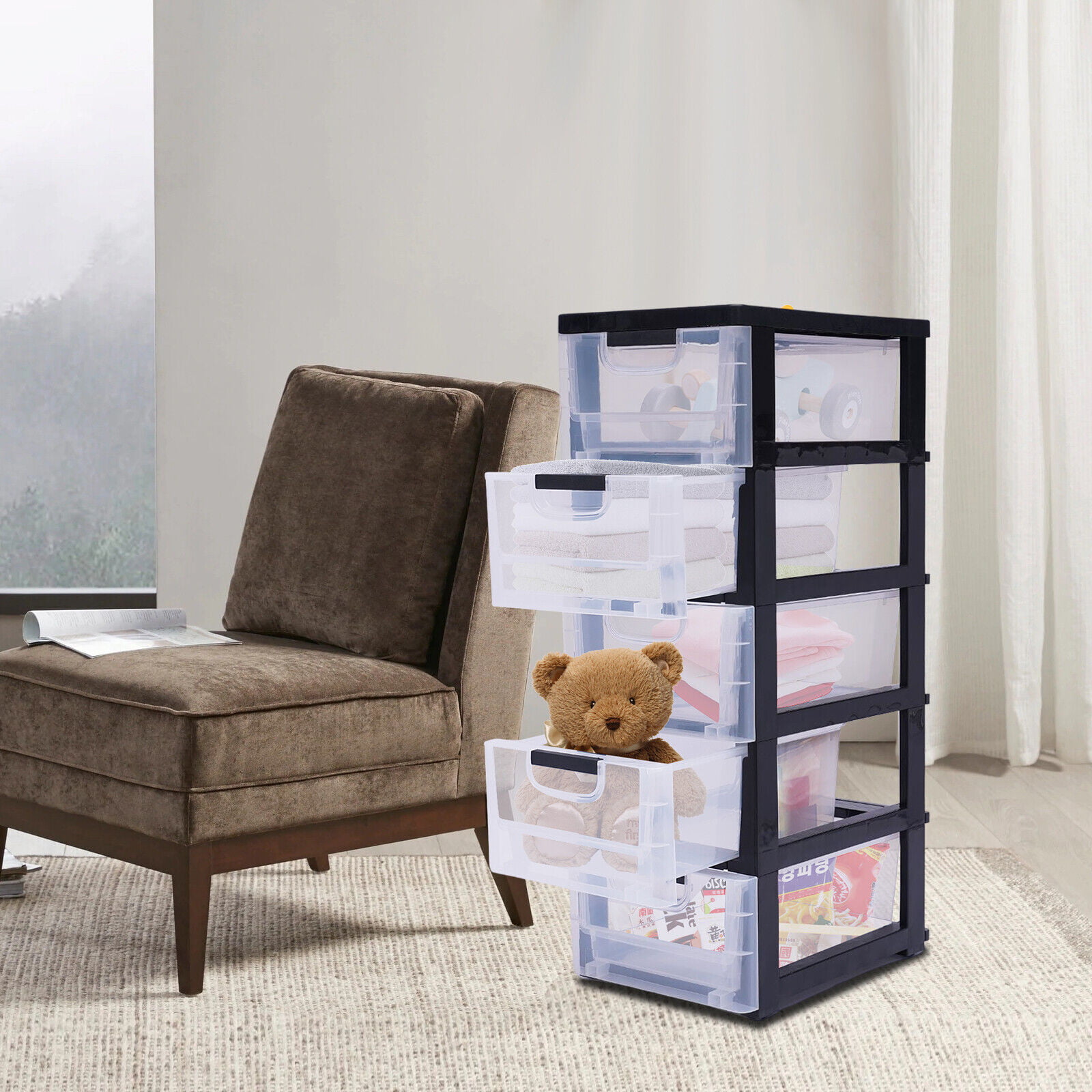 Stackable Clothes Storage Box Heavy Duty Plastic Storage Cabinet w/5 Drawers