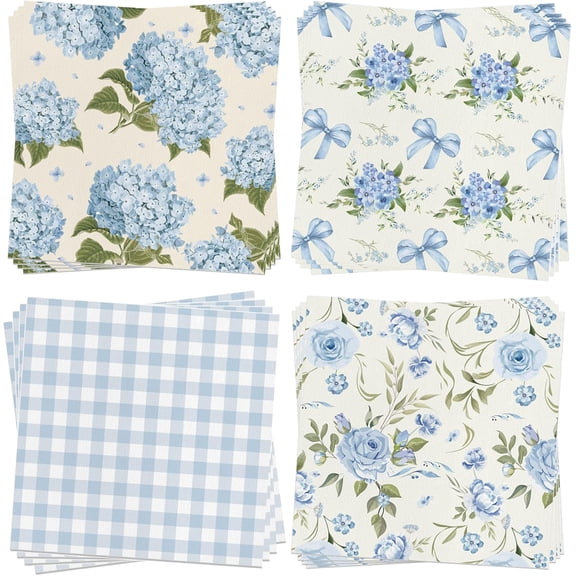 40Pcs Blue Hydrangea Party Napkins Blue Floral Paper Napkins - One Napkin with 4 Patterns, Vintage Flower Blues White Disposable Decorative Napkin for Flowers Hydrangea Party Supplies,6.5x6.5 In