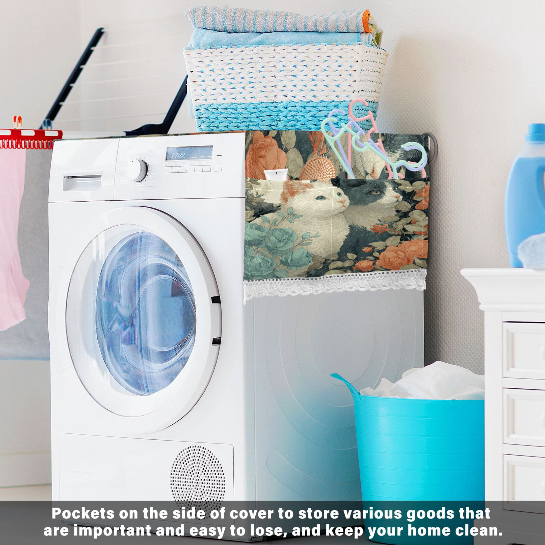 Wobogo Moonlit Cat Roses Washing Machine Cover Dustproof Washer Dryer Cover Waterproof Laundry Room Decorative Protector